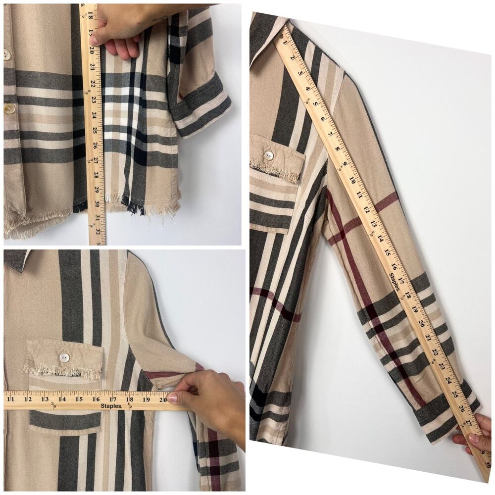 JHON.MARK PLaid Button Down Shirt M Tan Black Check Long Sleeve Frayed Hem - Picture 7 of 9